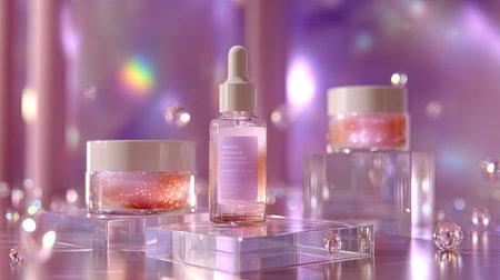 This image showcases an elegant skincare product display featuring jars and a serum bottle on clear blocks against a soft purple background, emphasizing beauty.の素材