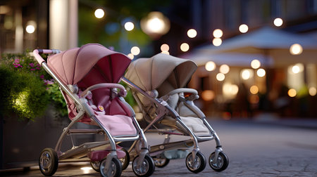 This image features two elegant baby strollers set against a cozy evening backdrop. Soft lights and vibrant flowers create a welcoming atmosphere, perfect for outings.の素材