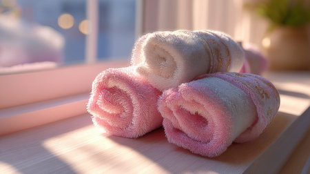 This image showcases soft rolled towels arranged neatly in a serene bathroom setting. The warm natural light creates a cozy and inviting atmosphere, perfect for relaxation.の素材
