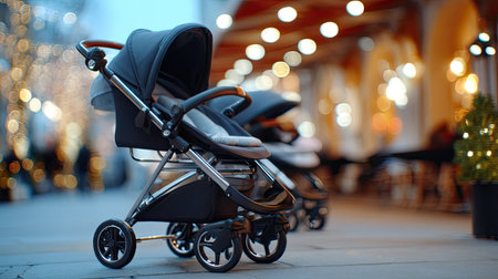 A modern lightweight stroller parked on a bustling urban street, surrounded by soft evening lights, capturing the essence of family life and outdoor adventures.の素材