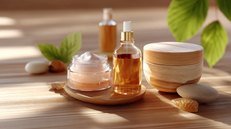 Beautiful arrangement of natural skincare products including cream and oil on a wooden surface, surrounded by leaves and stones, creating a serene spa atmosphere.の素材