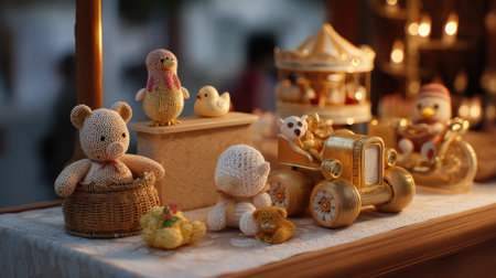 Brightly colored handcrafted crochet toys showcase an artistic display at a festive market, evoking warmth and nostalgia in a delightful setting.の素材