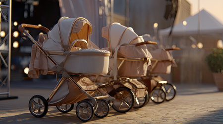 A charming scene featuring elegant baby strollers arranged outdoors, bathed in warm lighting, ideal for capturing the essence of family gatherings, joy, and comfort.の素材