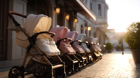 A beautiful row of fashionable strollers in soft colors displayed in a sunny city setting, highlighting modern design and parenting essentials.の素材