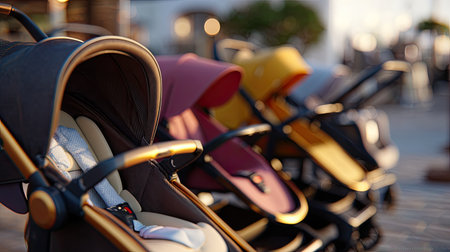 A row of colorful baby strollers is showcased on a sunny day, highlighting modern designs and comfort. The soft focus background adds to the cheerful atmosphere.の素材