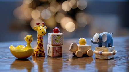 A vibrant display of colorful wooden baby toys on a smooth wooden surface, featuring a playful duck, giraffe, elephant, and blocks, evoking joy and creativity.の素材