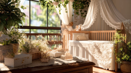 A beautifully designed nursery featuring a wooden crib bathed in gentle sunlight. Soft textiles and floral decorations create a serene atmosphere, ideal for a baby's room.の素材