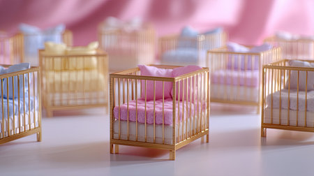 A charming arrangement of miniature cribs in various colors, providing a delightful backdrop for projects focused on babies or childhood themes.の素材