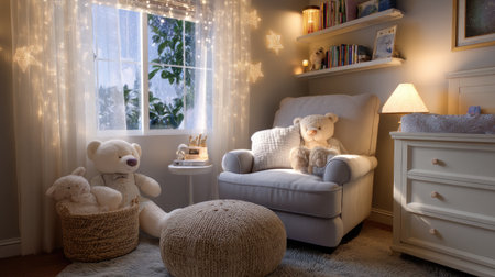A serene nursery featuring a plush chair, soft teddy bears, fairy lights, and a cozy ambiance, perfect for creating a peaceful atmosphere in winter.の素材