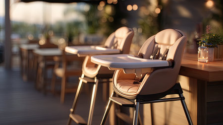 This image showcases modern high chairs in a cozy outdoor restaurant, bathed in warm evening light, perfect for family dining experiences.の素材