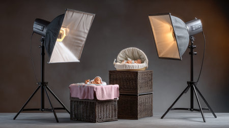 This image showcases a cozy studio setup for newborn photography featuring soft lighting, baskets, and tender props that create a serene atmosphere.の素材