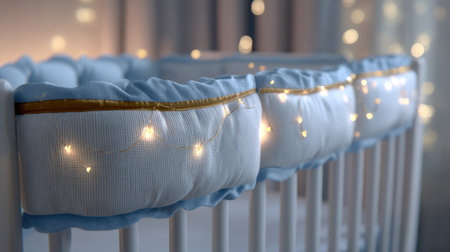 A serene nursery scene featuring a cozy crib with soft blue bedding and enchanting fairy lights, creating a tranquil atmosphere for restful sleep.の素材