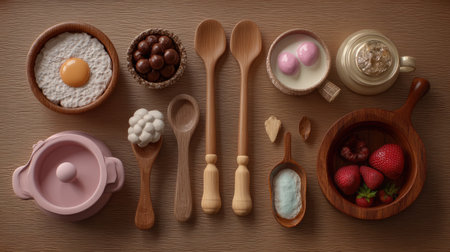 An artistic arrangement of wooden spoons and bowls featuring sweet ingredients like rice, chocolate, strawberries, and cream. Perfect for culinary scenes.の素材