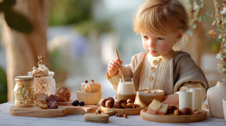 A charming child doll is seated at a wooden kitchen table, savoring an assortment of delightful snacks and treats in a warm, inviting setting.の素材