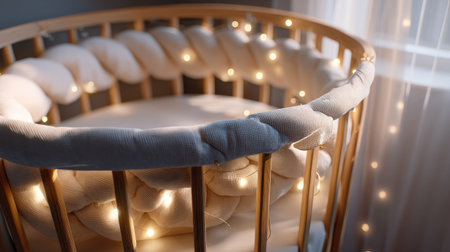A beautifully designed baby crib featuring soft bedding and gentle lighting. Perfect for creating a calm and cozy atmosphere in a nursery. Ideal for parents seeking inspiration for a tranquil space.の素材