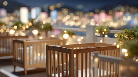 A beautifully arranged nursery scene featuring wooden cribs on a balcony overlooking a vibrant city skyline at night, illuminated by soft glowing lights.の素材