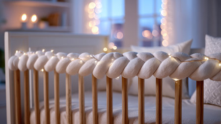This image features a modern baby crib adorned with a soft knotted bumper and warm ambient lights, creating a cozy and inviting atmosphere for peaceful sleep.の素材