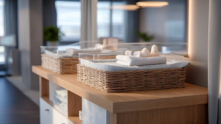 A serene spa setting featuring neatly arranged towels in woven baskets, bathed in natural light, creating a relaxing and inviting atmosphere.の素材