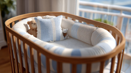 Beautiful nursery crib designed for comfort with soft bedding and a plush toy, creating a serene environment for newborns in a bright, inviting space.の素材