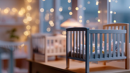 This enchanting nursery scene features two charming cribs, bathed in warm ambient light, creating a cozy and peaceful space perfect for infants.の素材