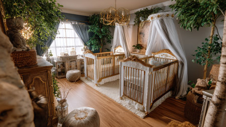 A beautifully designed baby nursery featuring elegant cribs, soft textures, and warm colors, creating a cozy and inviting atmosphere for infants and parents.の素材