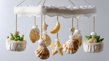 This delicate mobile features intricately designed seashells and lush greenery, perfect for enhancing the ambiance of a serene nursery or beach-themed space.の素材