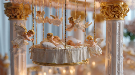 This enchanting nursery mobile features adorable angelic figures that impart a touch of whimsy and warmth, creating a serene space for infants.の素材