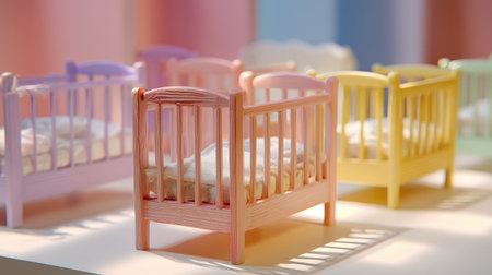 A charming array of colorful wooden cribs placed on a soft tabletop, featuring pastel hues and delicate bedding, perfect for elevating nursery aesthetics.の素材