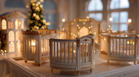 This enchanting image showcases a beautiful baby nursery filled with charming miniature cribs, warm lighting, and a festive atmosphere, ideal for celebrating family moments.の素材