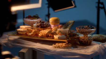A beautifully arranged assortment of artisan pastries and vibrant desserts displayed elegantly on a golden tray, perfect for culinary photography.の素材