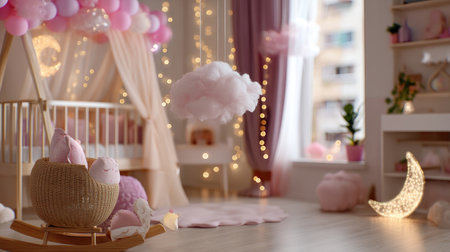 This charming baby room features a soft palette of pastel colors, whimsical cloud decor, and cozy furnishings, creating a perfect environment for infants.の素材