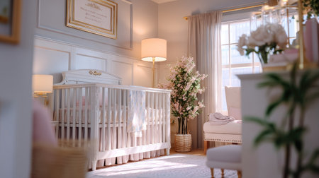 Explore this serene and elegant nursery designed for comfort and style. Featuring a cozy crib, soft lighting, and beautiful floral accents, itの素材