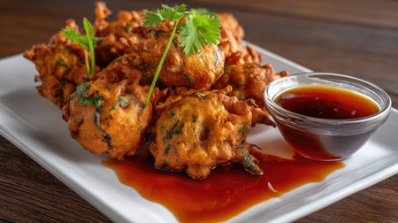 A vibrant dish of crispy vegetable fritters presented on a white plate with a savory dipping sauce and fresh herbs, perfect for appetizers or snacks.の素材