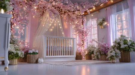 This beautifully decorated nursery features cherry blossom accents, warm lighting, and floral arrangements, creating a serene and inviting atmosphere for a baby's space.の素材