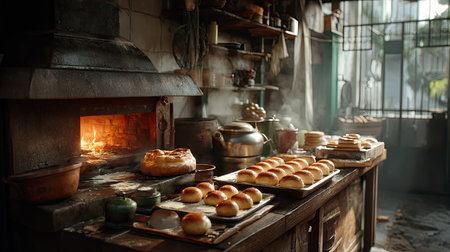 A beautiful artisan bakery scene featuring freshly baked bread and pastries against a warm, rustic kitchen backdrop, evoking cozy culinary traditions.の素材