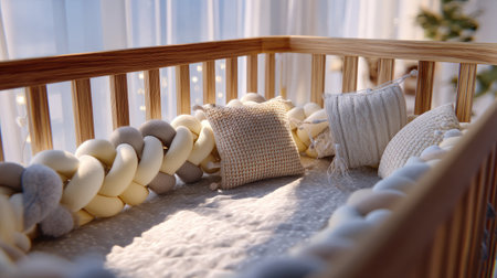 This image features a cozy baby crib adorned with decorative pillows and soft textiles, illuminated by bright natural light, creating a serene nursery atmosphere.の素材