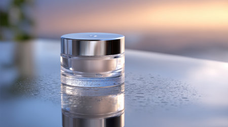 This image features an elegant moisturizer jar with a shiny surface, surrounded by gentle droplets, reflecting soft light in a serene setting.の素材