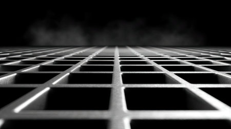 Explore an abstract view of a metallic grate with a unique grid pattern. The dark background enhances the depth and mystery of the composition.の素材