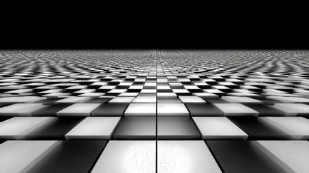 This abstract image features an extensive checkerboard pattern in contrasting black and white tones, creating a captivating three-dimensional illusion.の素材