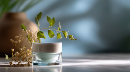 This tranquil image showcases a cream jar elegantly placed on a surface with delicate leaves and dried flowers, creating a serene feel ideal for skincare promotion.の素材
