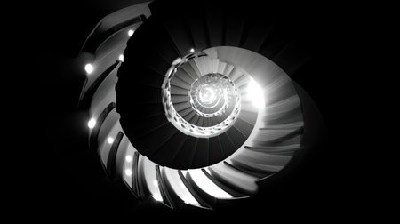 This captivating image features an elegant spiral staircase illuminated by bright lights against a dark background, creating a mesmerizing visual effect.の素材
