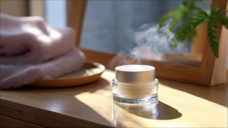 A beautiful cosmetic cream jar sits elegantly on a wooden table, surrounded by a soft towel and a green plant, illuminated by natural sunlight, conveying tranquility.の素材