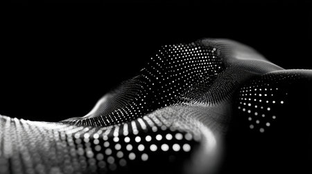 Stunning abstract image featuring a dynamic wave pattern in black and white, with brightly lit dots creating an immersive digital landscape.の素材