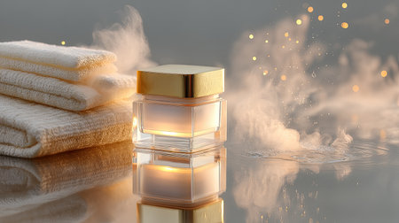 This image features an elegant cosmetic cream jar placed beside soft towels, surrounded by a glowing mist on a reflective surface, creating a serene ambiance.の素材