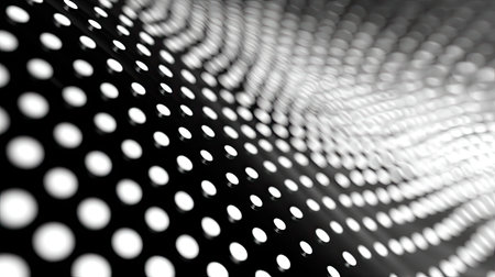 This abstract digital artwork features a mesmerizing black and white pattern of dots arranged in wave-like formations, creating depth and texture.の素材