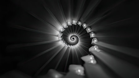 A stunning view of a spiral staircase illuminated by soft light, captured in black and white. This image showcases elegant lines and architectural beauty.の素材