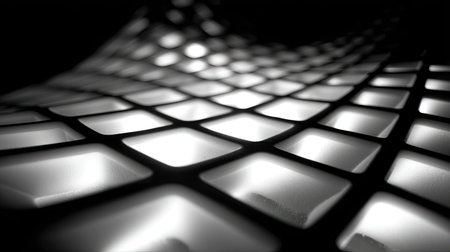This abstract image features a grid texture illuminated by soft light, creating an intriguing visual depth with a monochrome palette. The gentle curves evoke a sense of modern design, making it perfect for various artistic projects.の素材
