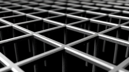 This image features a close-up view of a geometric grid pattern, emphasizing sharp lines and contrasting tones that create a striking visual effect.の素材
