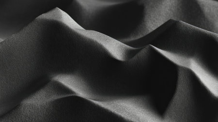 A captivating close-up of textured black fabric, showcasing soft waves and shadows that create depth and elegance. Ideal for creative projects or backgrounds.の素材