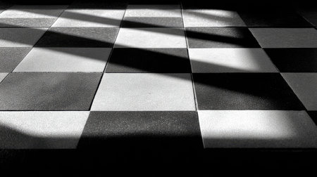 This image captures a striking black and white checkerboard floor, showcasing the interplay of light and shadows in a chic interior setting.の素材